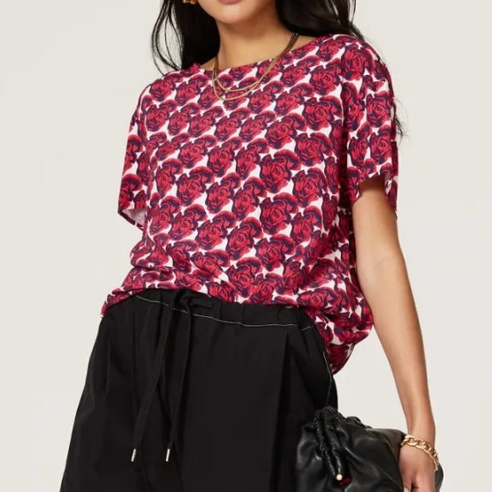 Peter Som Fuchsia and Navy Rose Floral Pop Art Asymmetrical Blouse Top • Sz S ⬇️